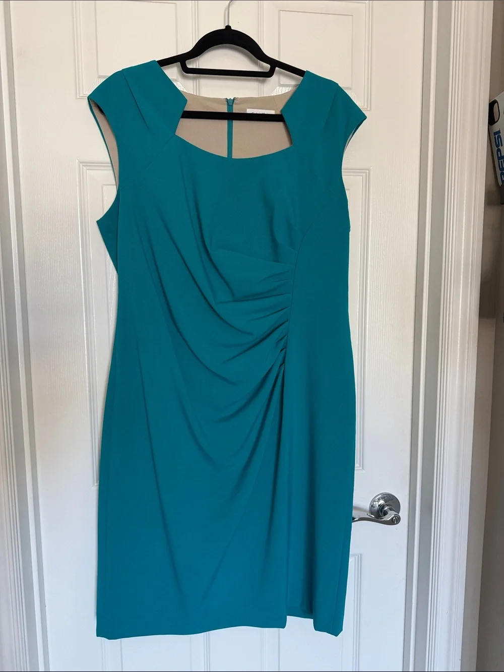 Calvin Klein Teal Cap-Sleeve Sheath Dress with Front Ruching - Picture 1 of 5